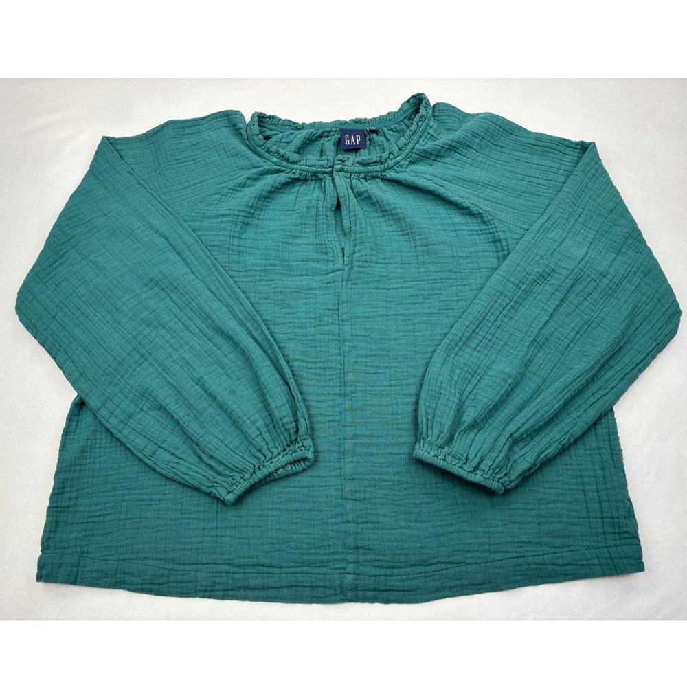 GAP Blouse Womens XL Teal Green Cotton Crinkle Double Gauze Balloon Sleeve